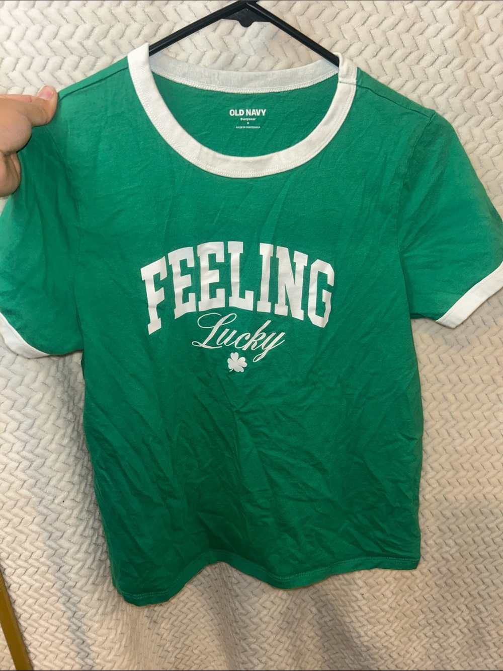 Old Navy "Feeling Lucky" Green Ringer Tee